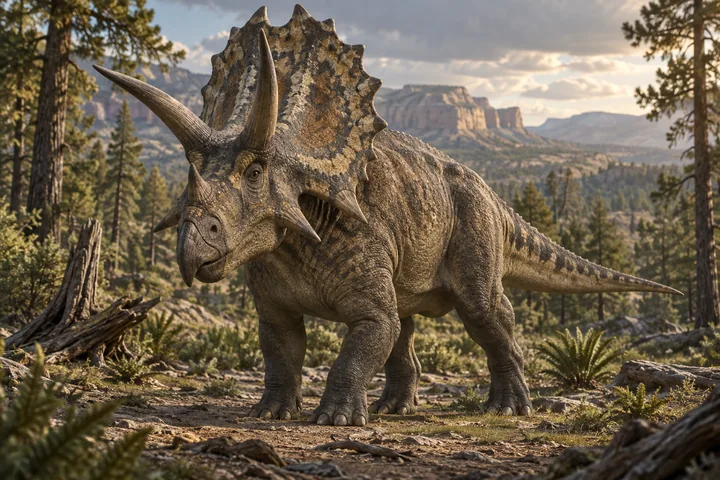 Illustrative reconstruction of Pentaceratops with a long frill, brow and nasal horns and projecting cheek horns.