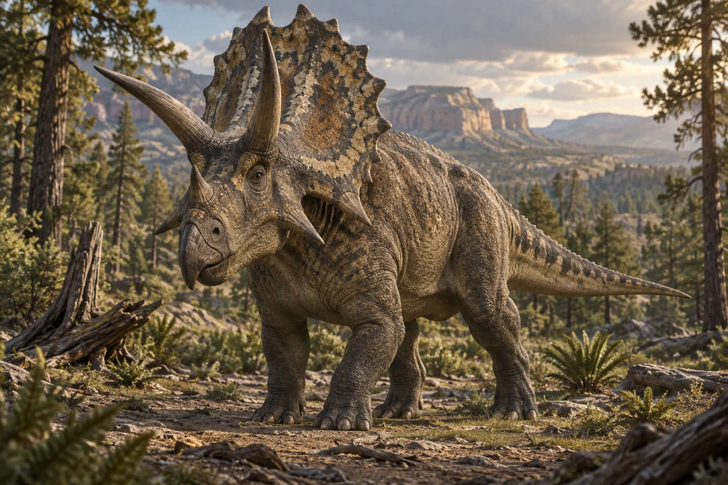 Illustrative reconstruction of Pentaceratops with a long frill, brow and nasal horns and projecting cheek horns.