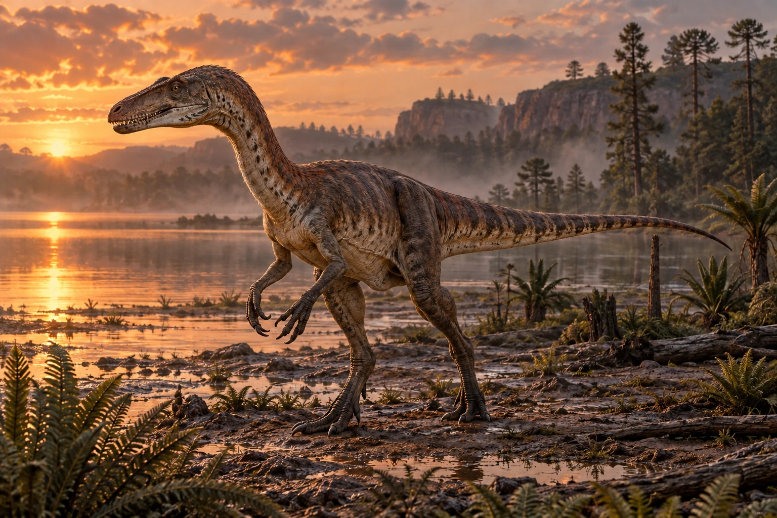 Illustrative reconstruction of Piatnitzkysaurus floresi; missing anatomy, pose, skin and colors are hypotheses.