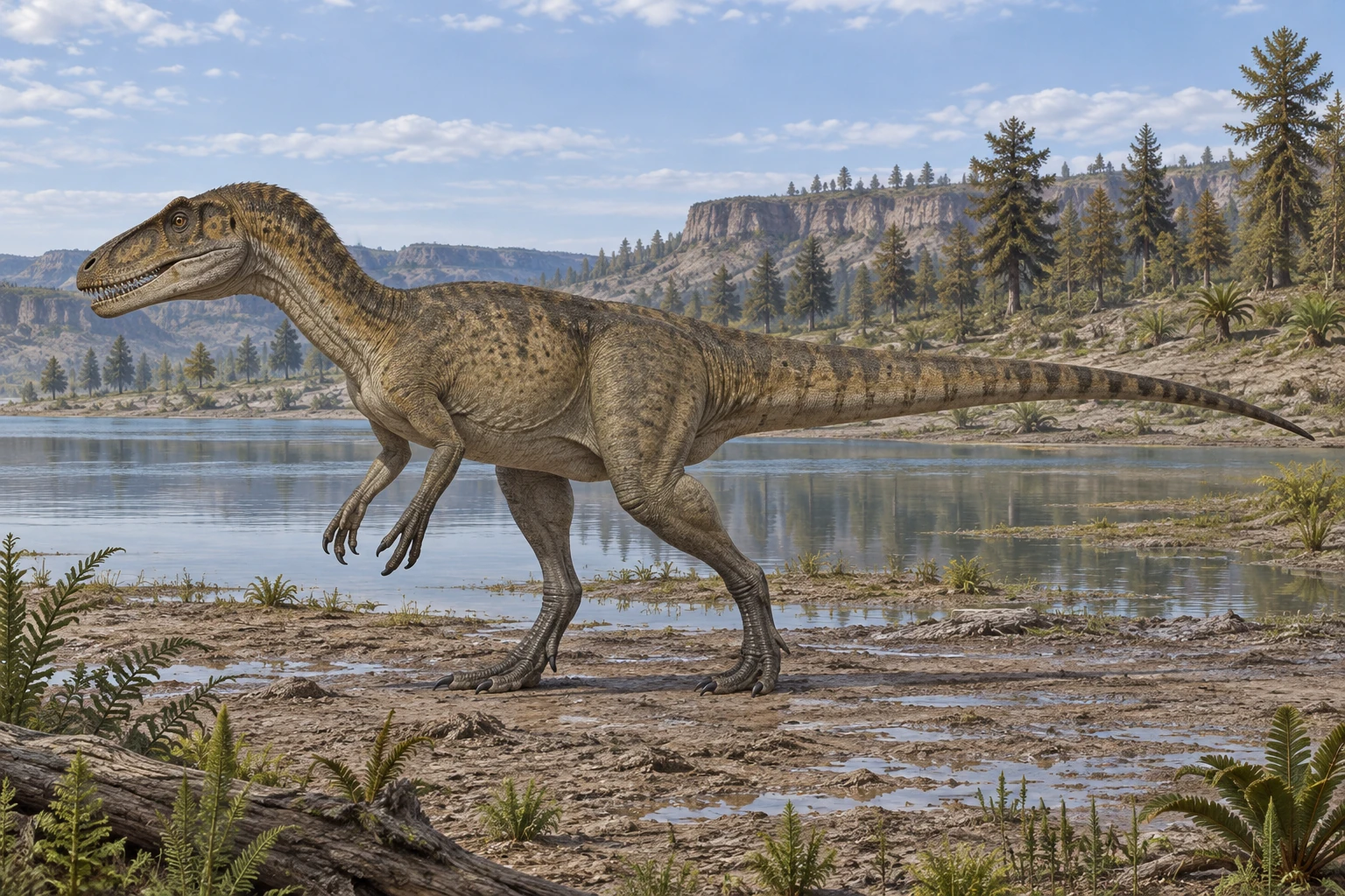 Illustrative life reconstruction of Piatnitzkysaurus in a period-appropriate environment; coloration and missing anatomy are interpretations.