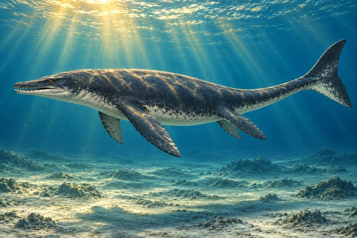 Platecarpus tympaniticus restored in a period-appropriate marine setting; colors and missing soft tissues are interpretive.