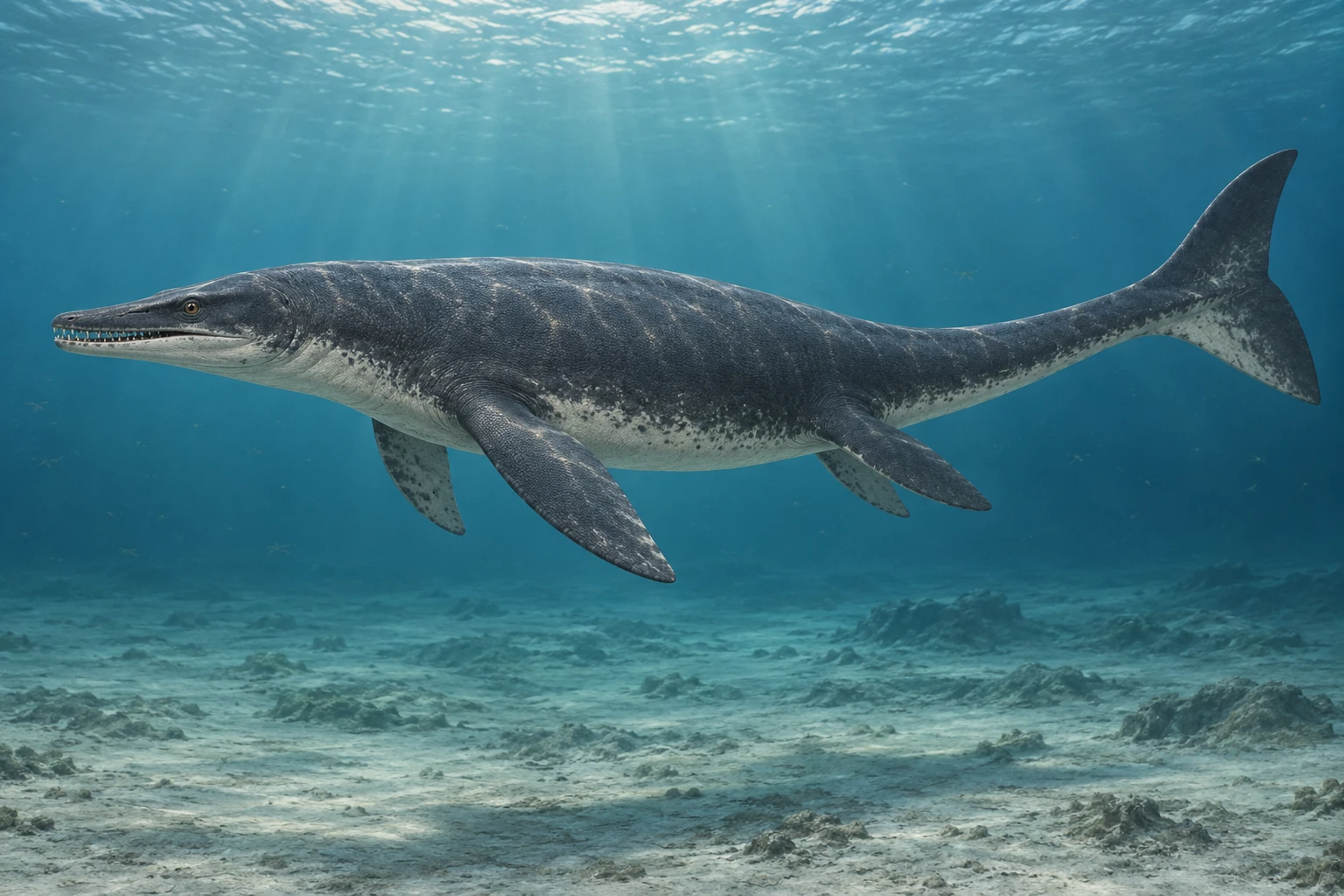 Illustrative life reconstruction of Platecarpus in a period-appropriate environment; coloration and missing anatomy are interpretations.