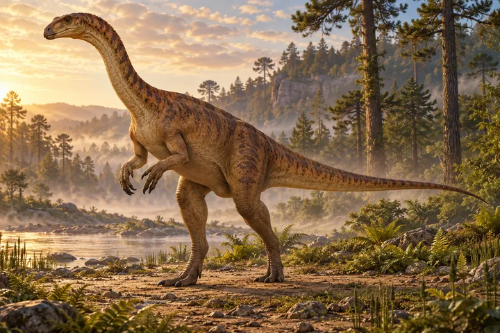 Full-body movie-style Plateosaurus in a dramatic prehistoric landscape; Original artwork.