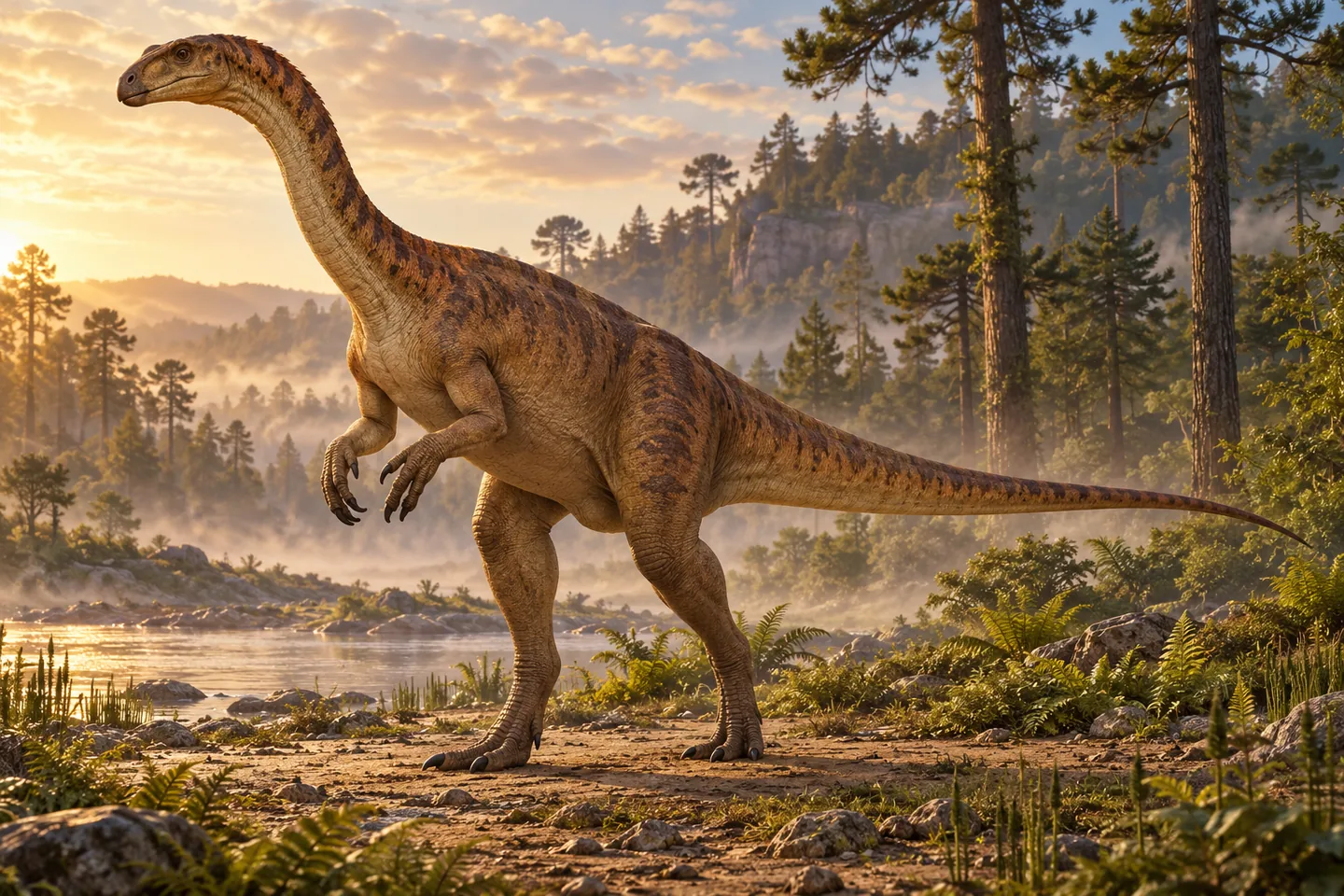 Original cinematic Plateosaurus picture: Cinematic bipedal Plateosaurus with a long flexible neck and balancing tail; strong grasping arms held off the ground, five-fingered hands and large thumb claws, speculative colours.