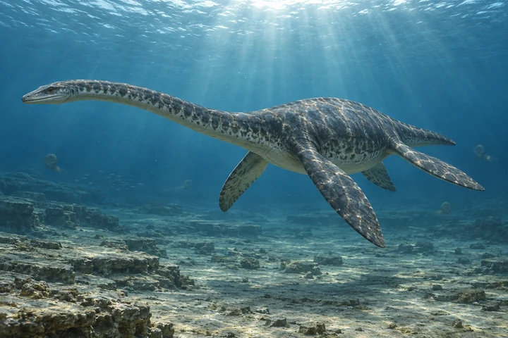 Artistic reconstruction of Plesiosaurus in a marine setting; colors and missing soft tissues are interpretations.
