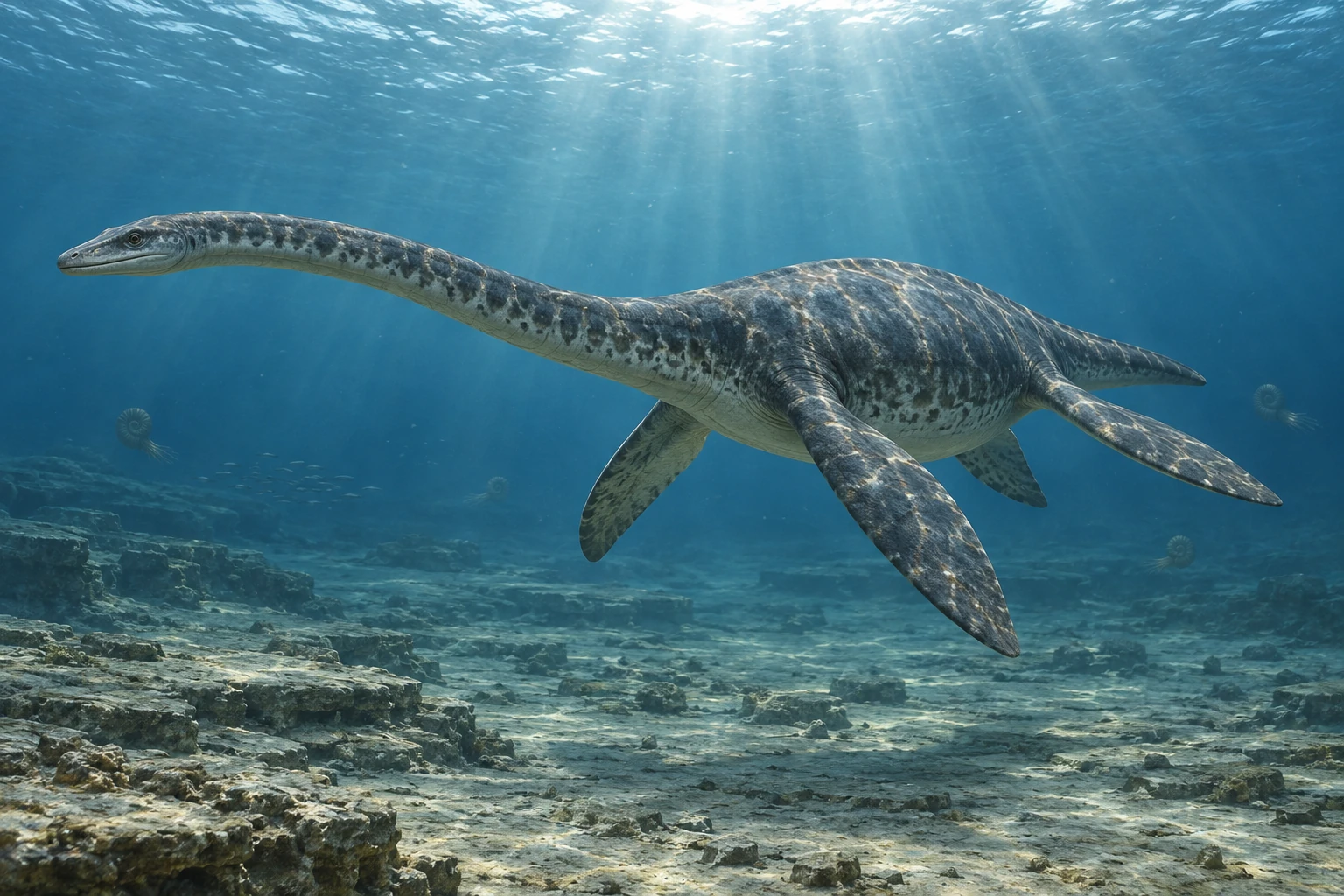 Artistic reconstruction of Plesiosaurus in a marine setting; colors and missing soft tissues are interpretations.