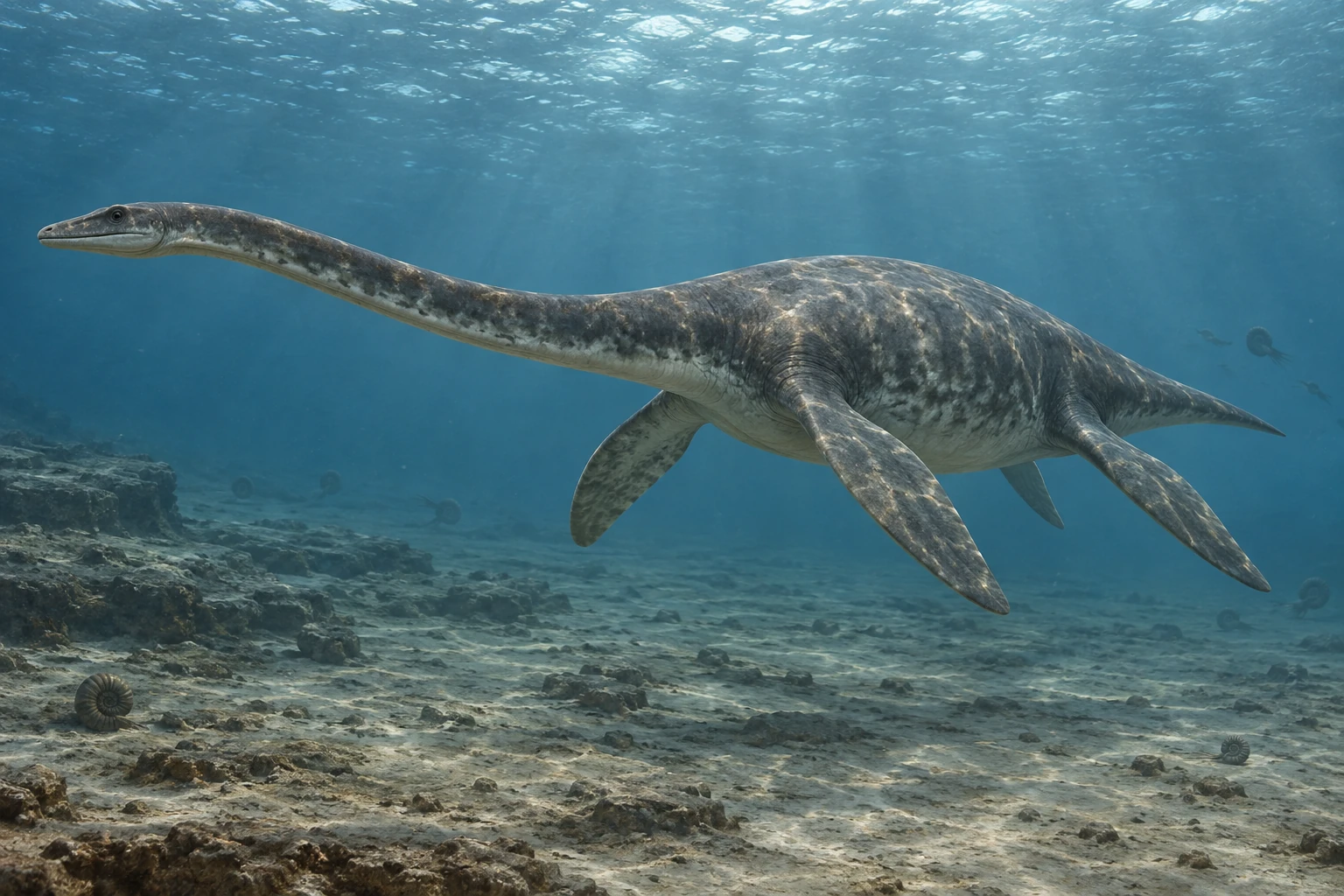 Illustrative life reconstruction of Plesiosaurus in a period-appropriate environment; coloration and missing anatomy are interpretations.