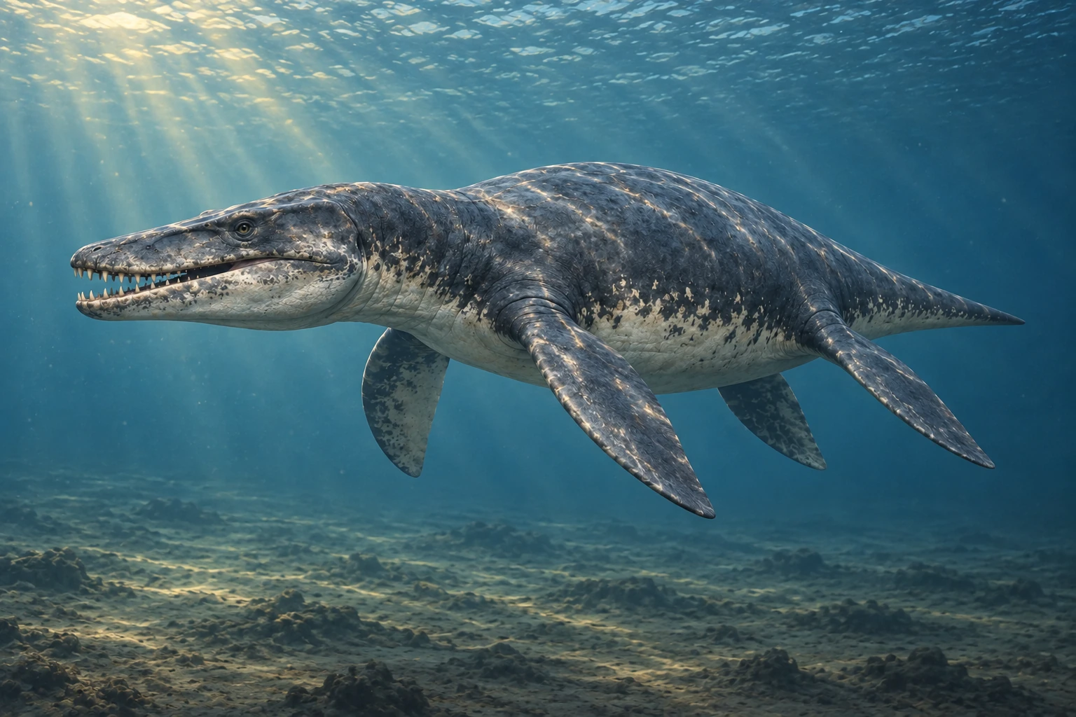 Pliosaurus kevani restored in a period-appropriate marine setting; colors and missing soft tissues are interpretive.