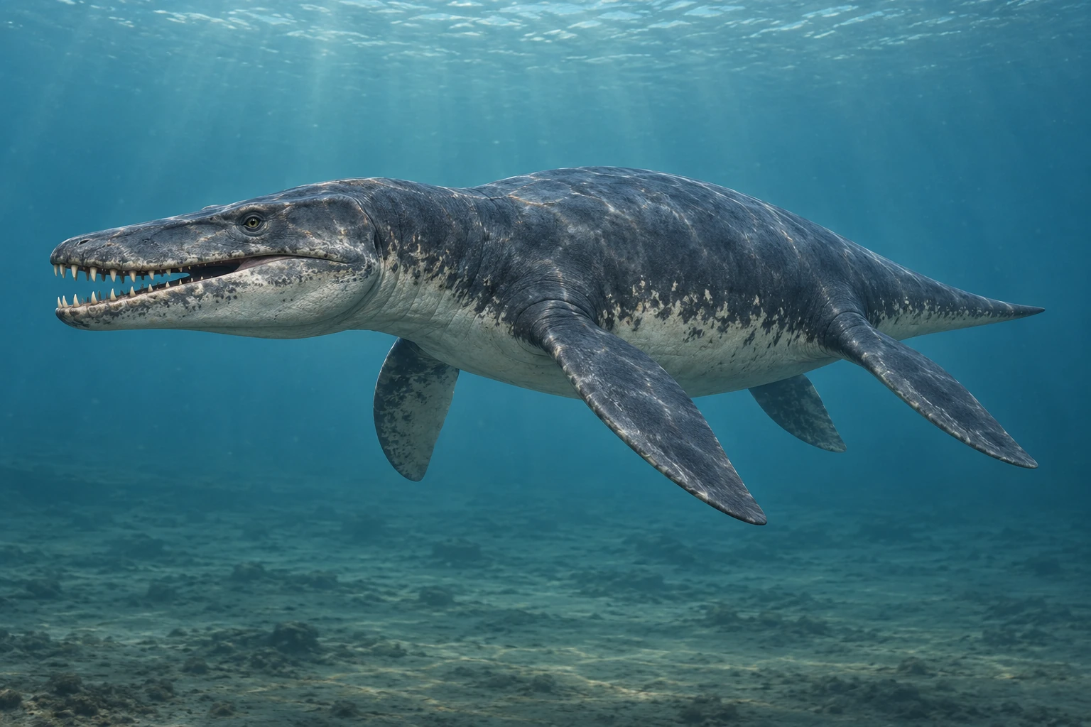 Illustrative life reconstruction of Pliosaurus in a period-appropriate environment; coloration and missing anatomy are interpretations.
