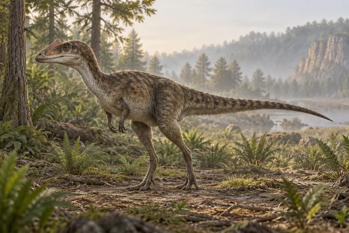 Illustrative reconstruction of Proceratosaurus bradleyi; missing anatomy, covering and colors are hypotheses.