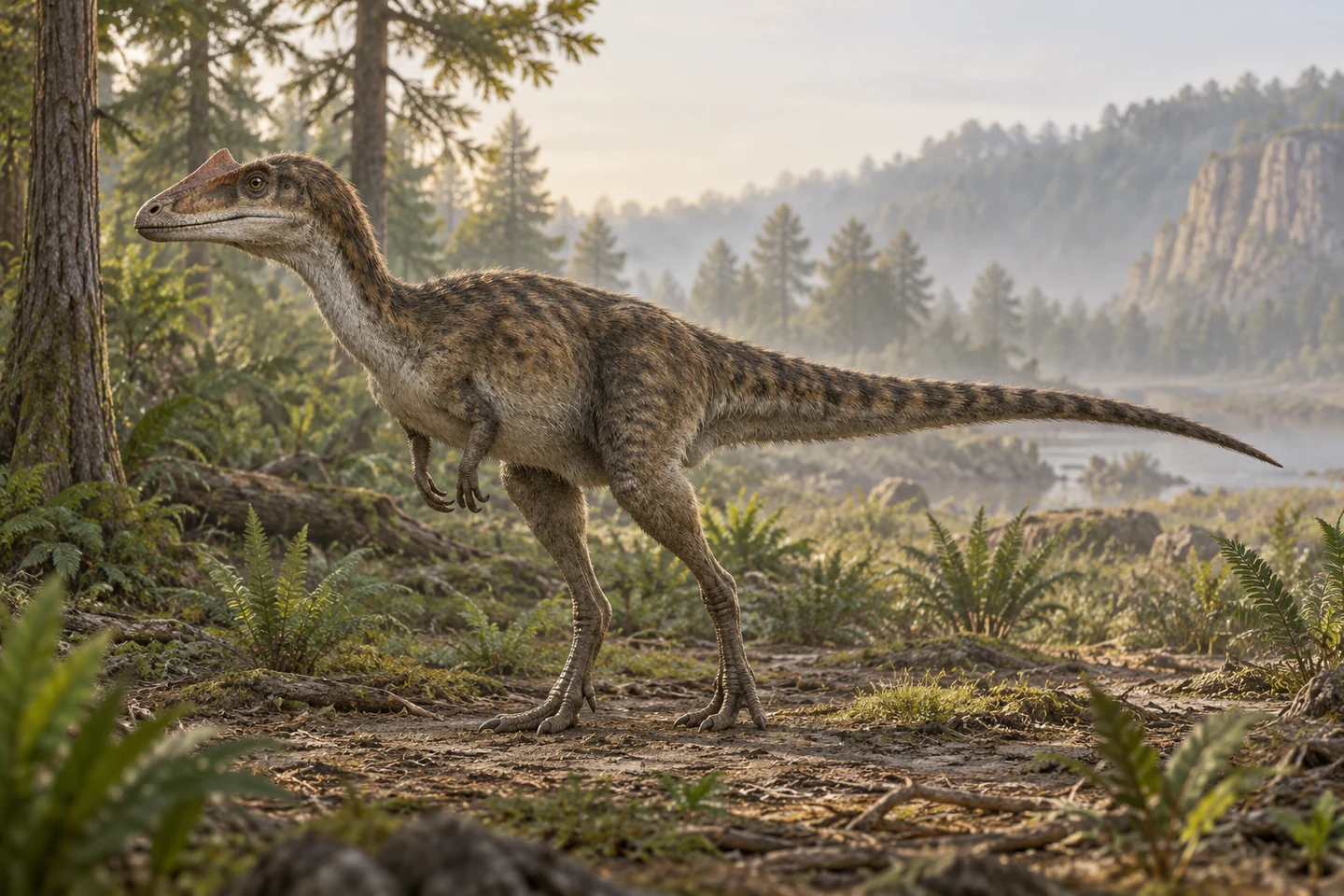 Illustrative reconstruction of Proceratosaurus bradleyi; missing anatomy, covering and colors are hypotheses.