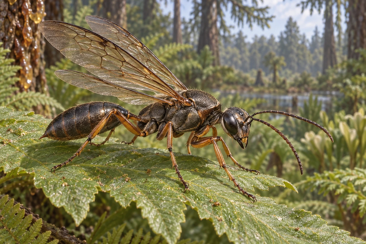Illustrative life reconstruction of Prosphex in a period-appropriate environment; coloration and missing anatomy are interpretations.