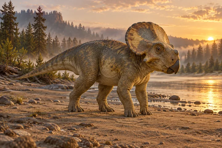 Full-body movie-style Protoceratops in a dramatic prehistoric landscape; Original artwork.