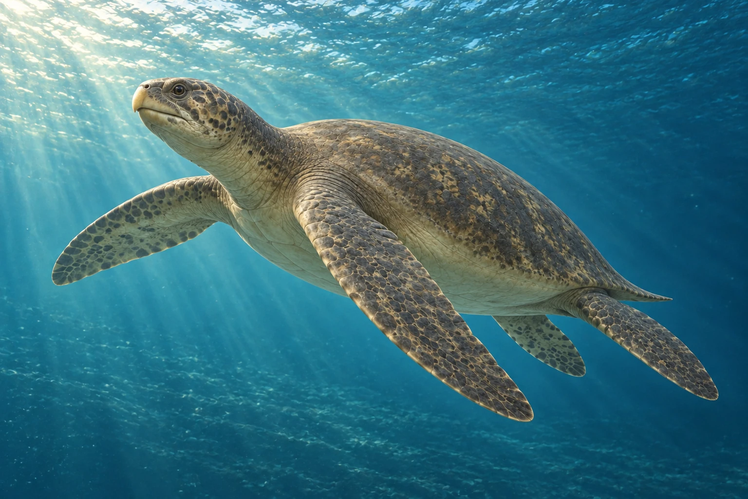 Illustrative life reconstruction of Protostega in its interpreted aquatic environment.