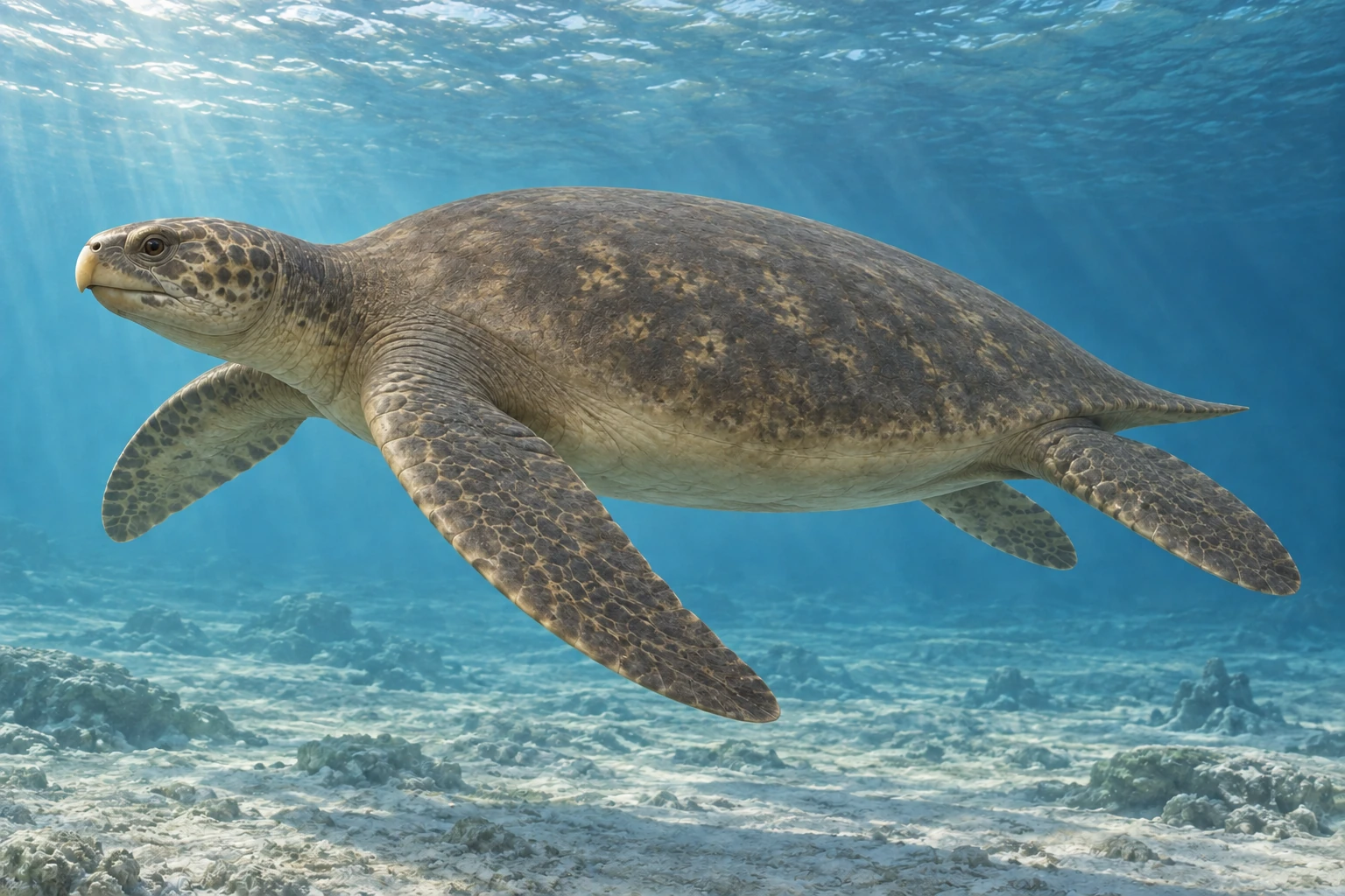 Illustrative life reconstruction of Protostega in a period-appropriate environment; coloration and missing anatomy are interpretations.