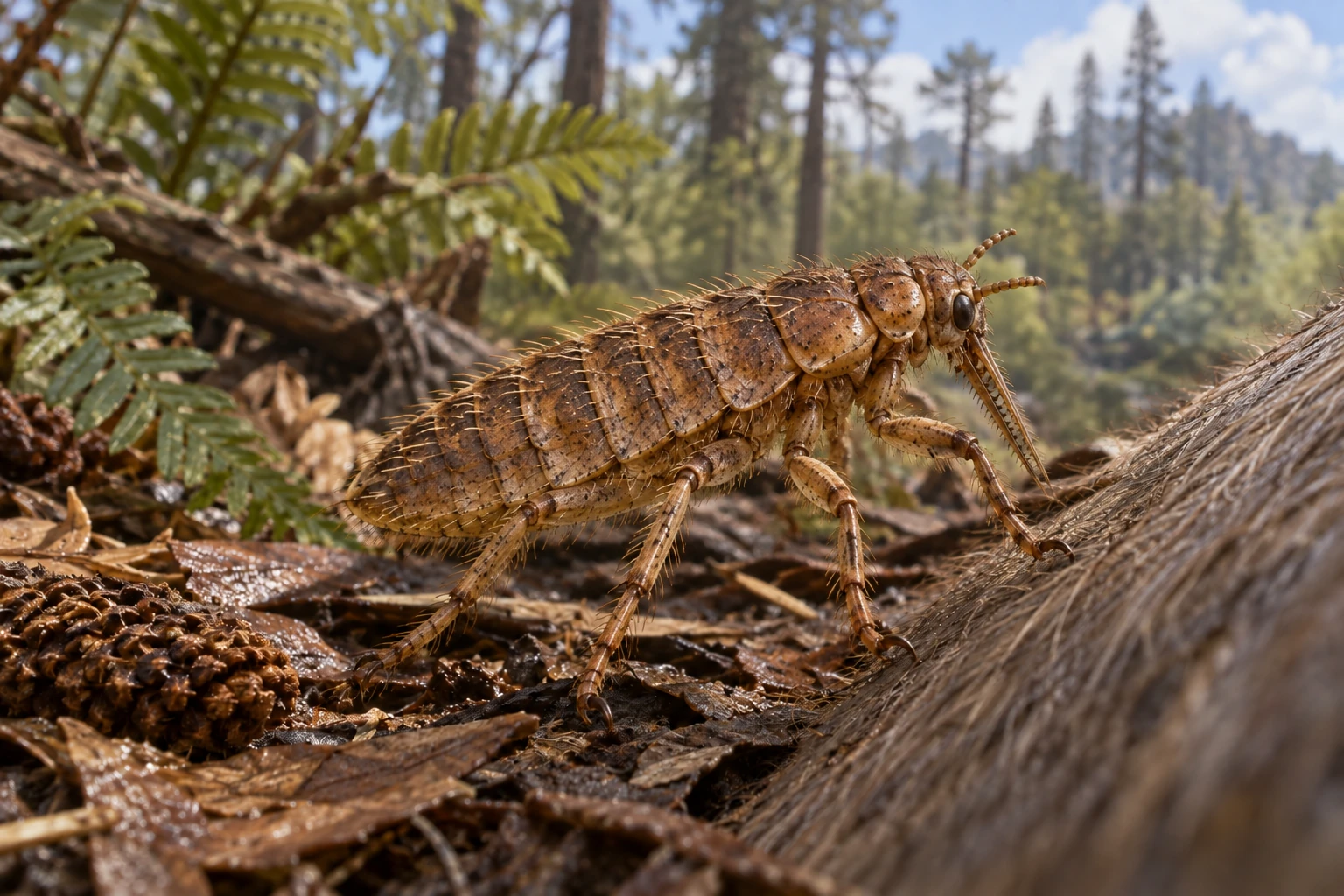 Illustrative life reconstruction of Pseudopulex in a period-appropriate environment; coloration and missing anatomy are interpretations.