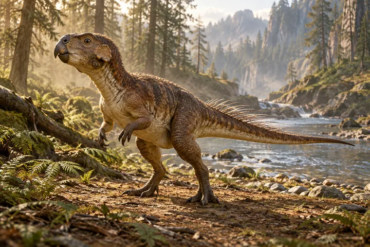 Full-body movie-style Psittacosaurus in a dramatic prehistoric landscape; Original artwork.
