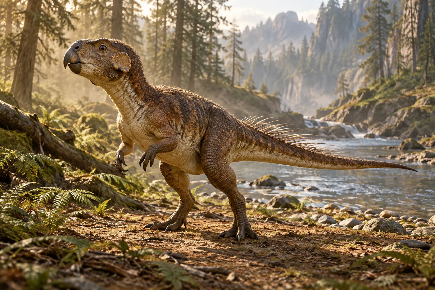 Original cinematic Psittacosaurus picture: Cinematic Psittacosaurus with parrotlike beak, cheek projections, scaly body, localized long tail bristles and pale underside; compact alert stance in dappled woodland.