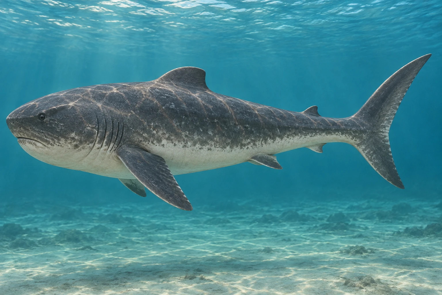 Illustrative life reconstruction of Ptychodus in a period-appropriate environment; coloration and missing anatomy are interpretations.