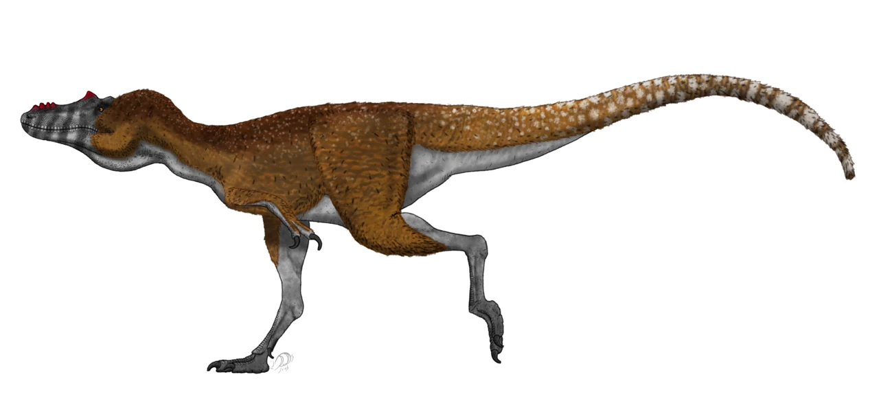 Life reconstruction of Qianzhousaurus sinensis with a long narrow snout, two supporting hindlimbs and a long tail.
