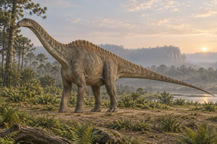 Artistic reconstruction of Rebbachisaurus; colors and soft tissues are illustrative.