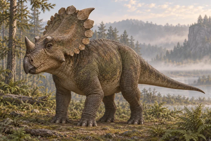 Illustrative reconstruction of Regaliceratops; colors, soft tissues and missing anatomy remain interpretive.