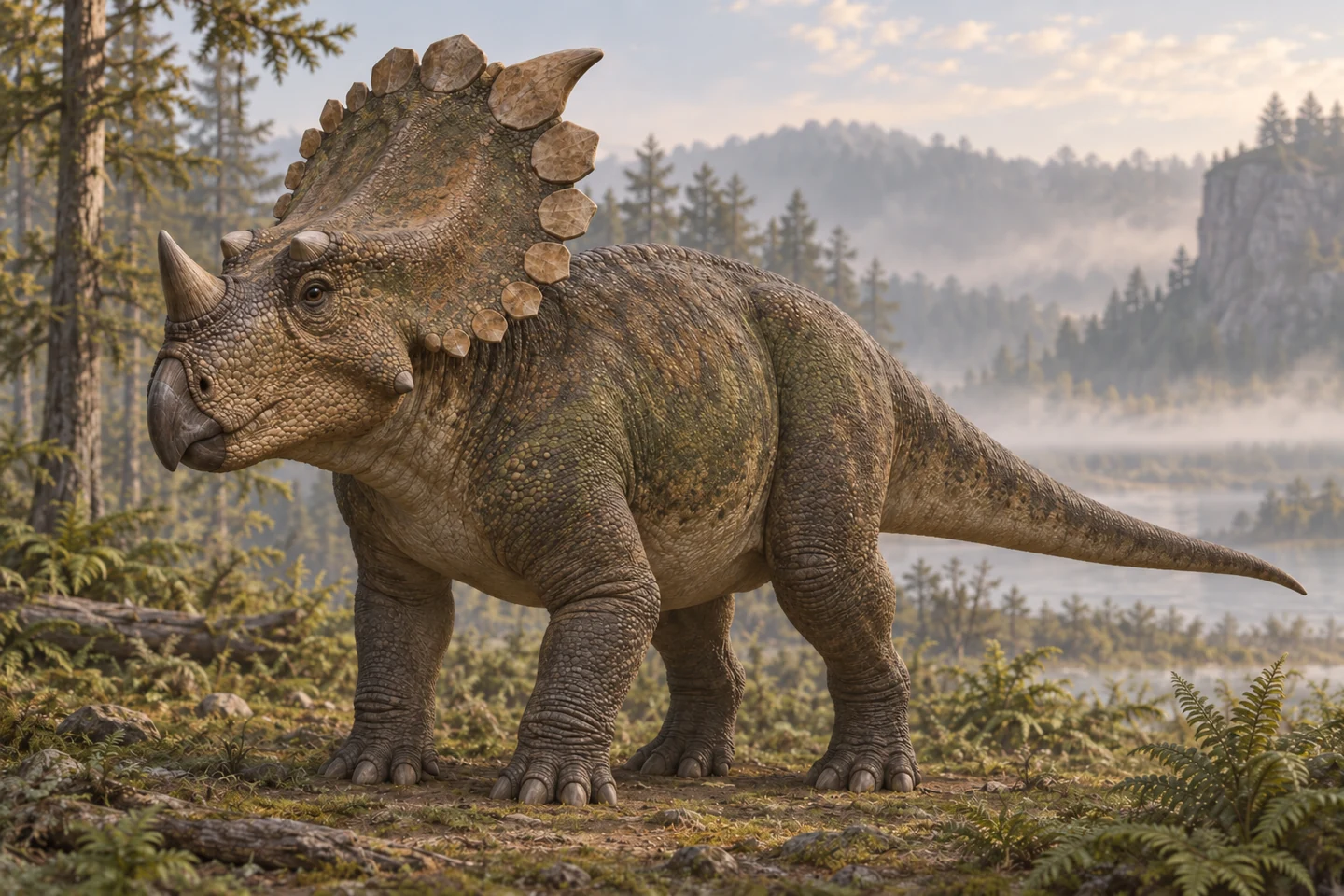 Illustrative reconstruction of Regaliceratops; colors, soft tissues and missing anatomy remain interpretive.
