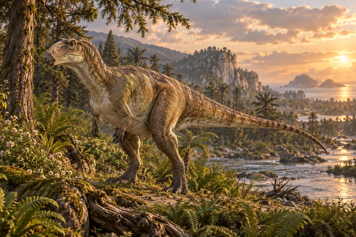 Illustrative reconstruction of Rhabdodon priscus and R. septimanicus; missing anatomy, pose and colors are hypotheses.