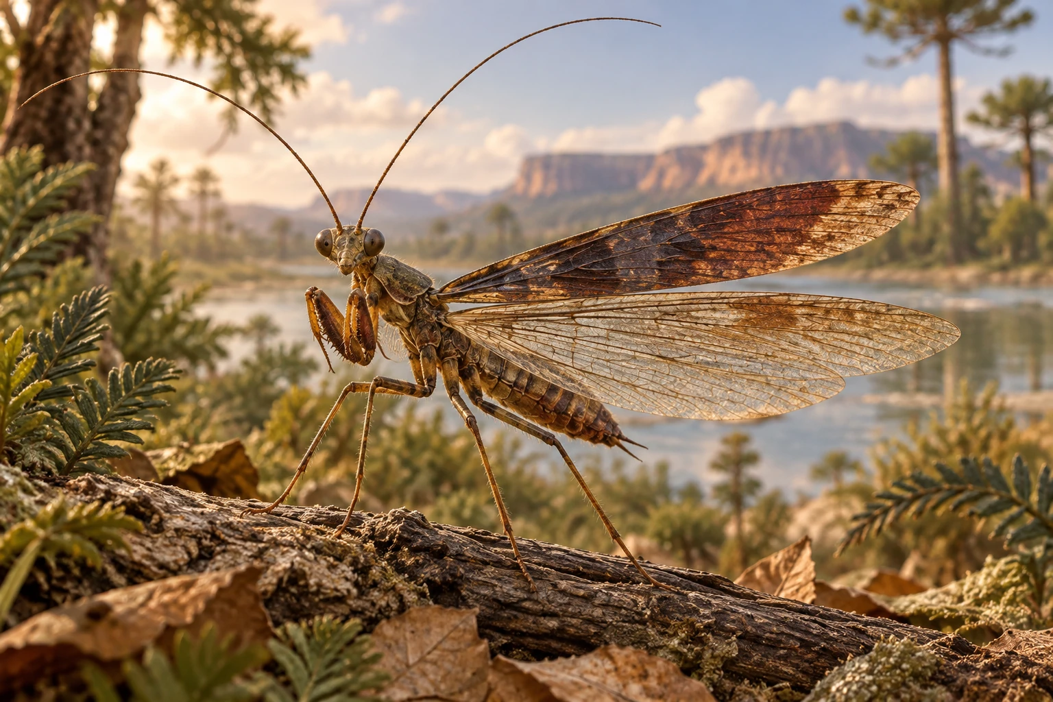 Source-informed Santanmantis reconstruction with a short thorax and grasping forelegs; disputed middle-leg predatory spines are omitted.