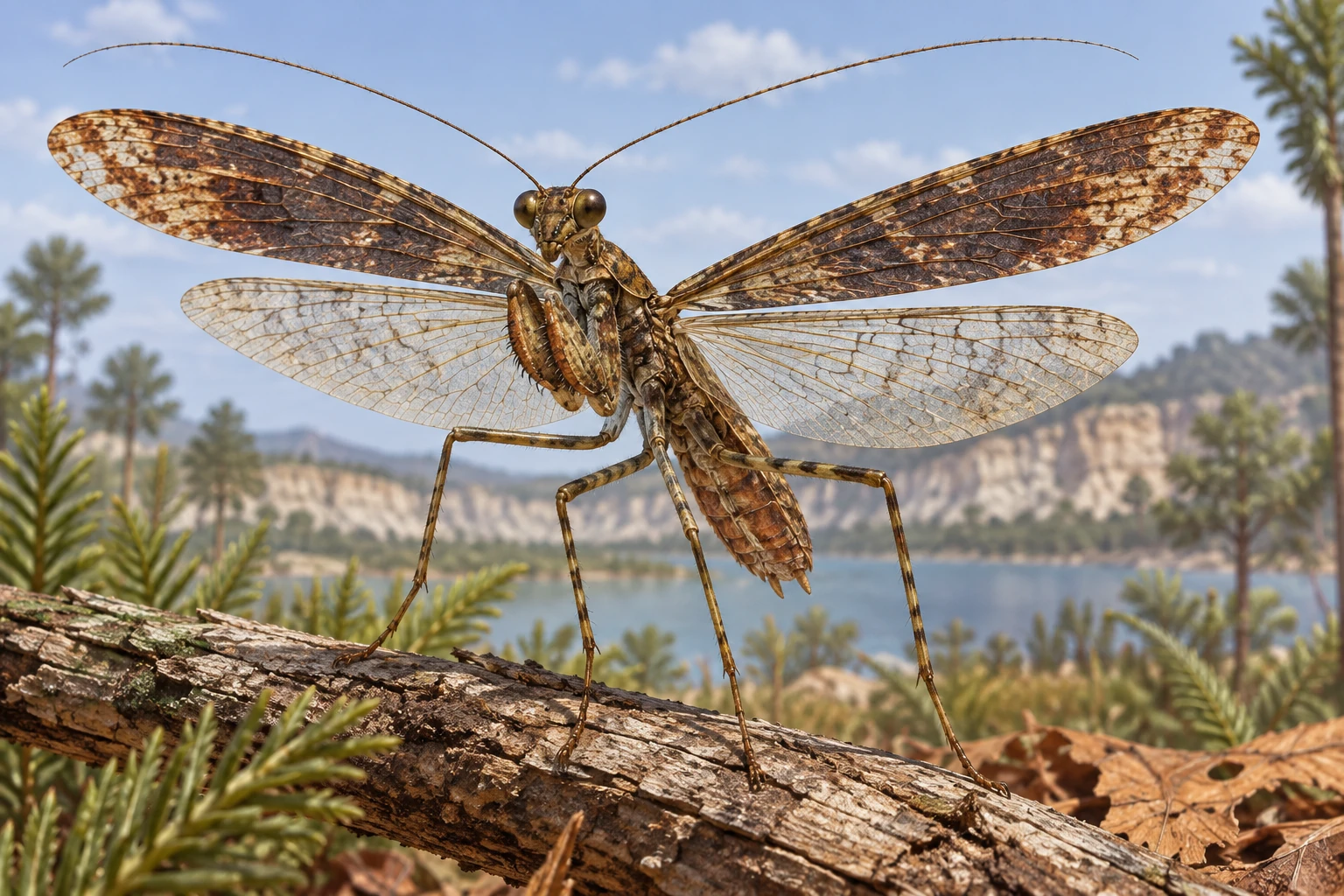 Illustrative life reconstruction of Santanmantis in a period-appropriate environment; coloration and missing anatomy are interpretations.