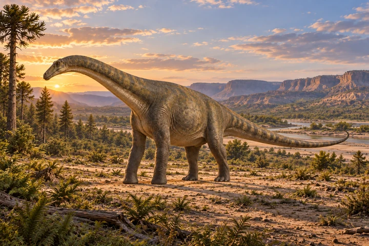 Illustrative reconstruction of Sarmientosaurus musacchioi; missing anatomy, pose, skin and colors are hypotheses.