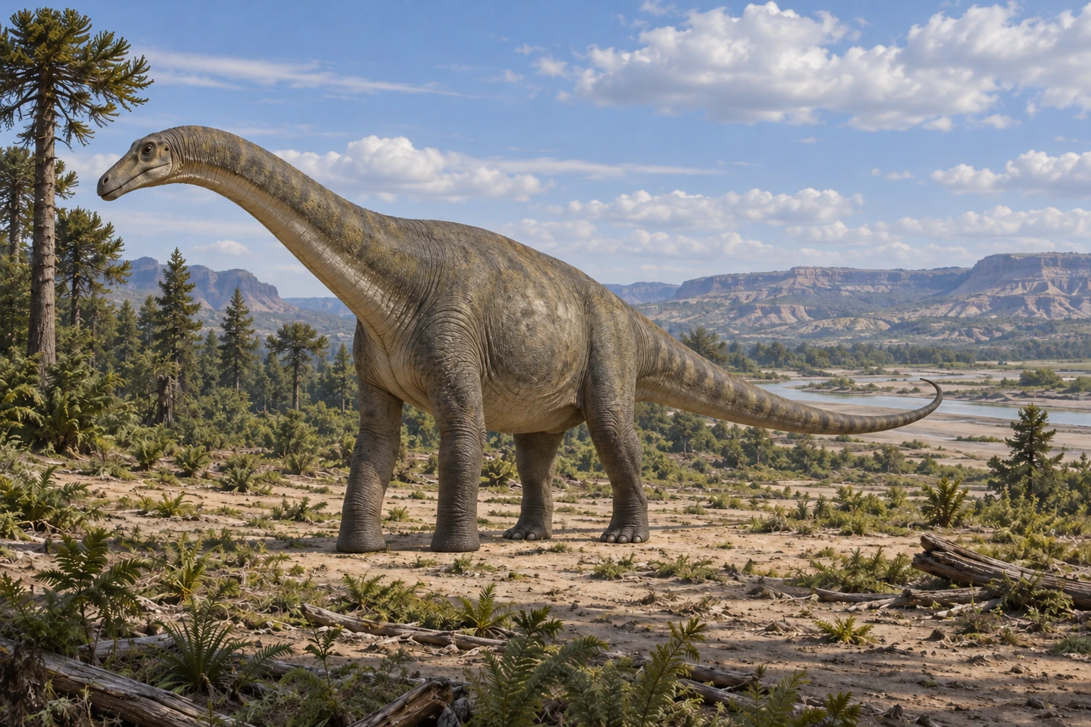 Illustrative life reconstruction of Sarmientosaurus in a period-appropriate environment; coloration and missing anatomy are interpretations.