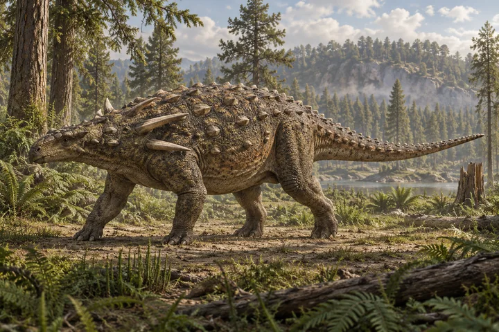 Illustrative reconstruction of a low-bodied Sauropelta with prominent shoulder spines and bony body armour.
