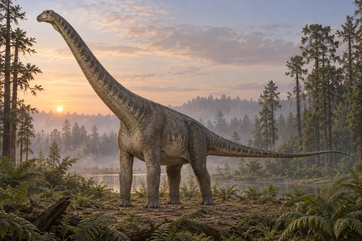 Artistic reconstruction of Sauroposeidon; colors and soft tissues are illustrative.