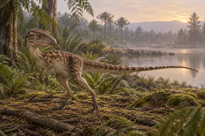 Illustrative reconstruction of Scipionyx samniticus; restored covering and colors are scenarios.