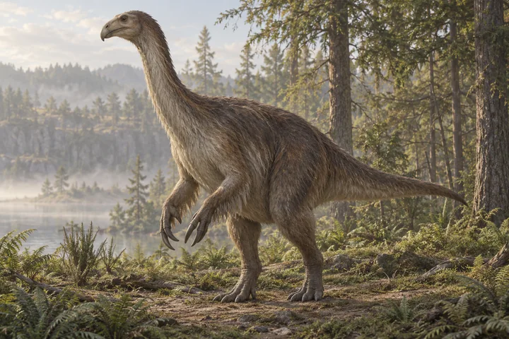Artistic reconstruction of Segnosaurus; colors and restored soft tissues are illustrative.