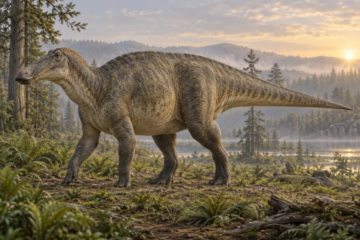 Artistic reconstruction of Shantungosaurus; colors and soft tissues are illustrative.