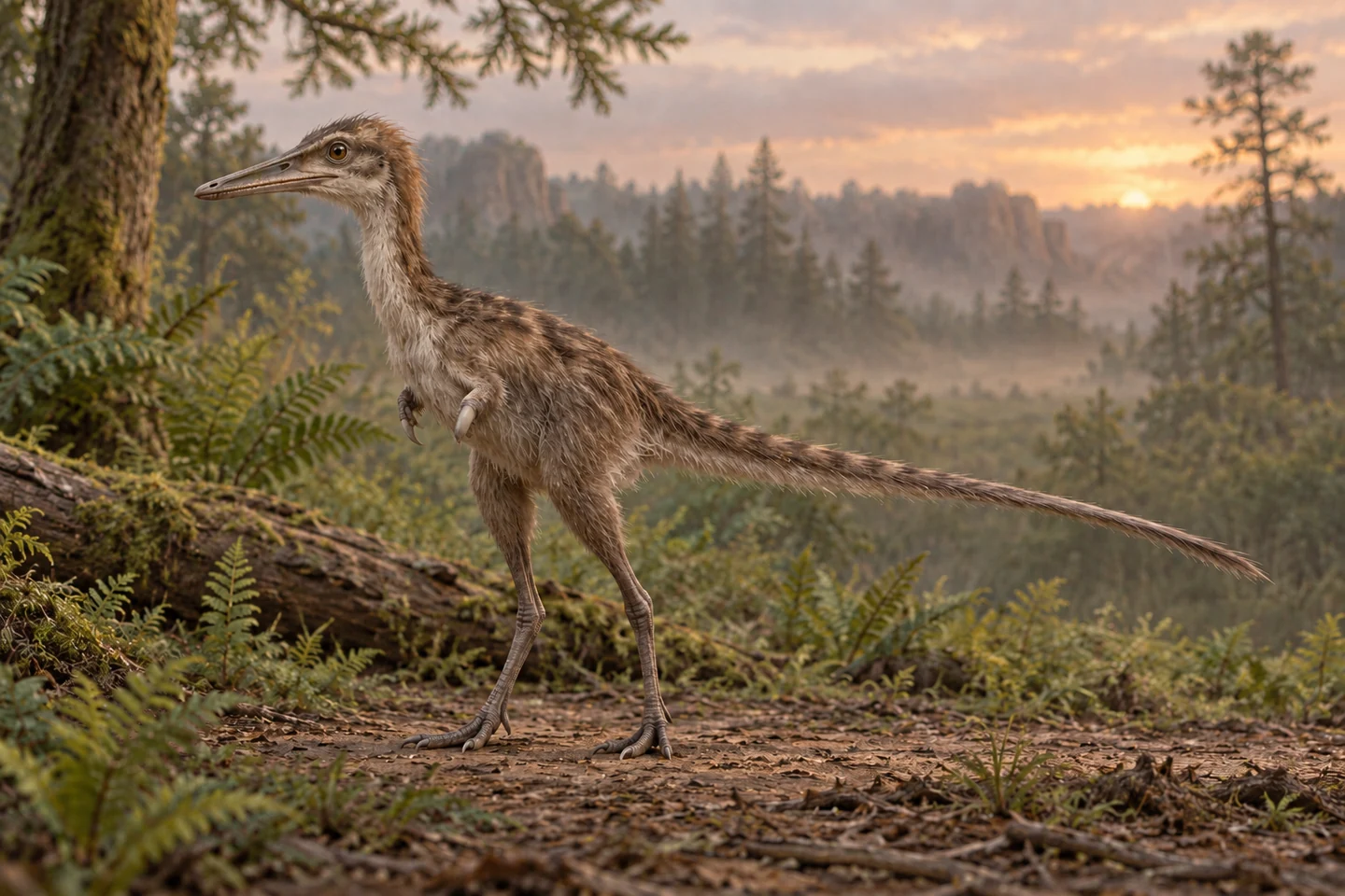 Illustrative reconstruction of Shuvuuia deserti; covering, colors and unpreserved anatomy are hypotheses.