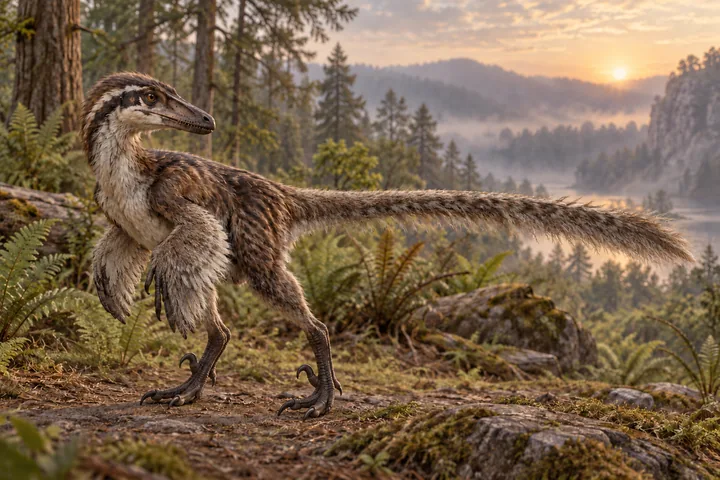 Illustrative reconstruction of Sinornithosaurus millenii; restored covering and colors are scenarios.