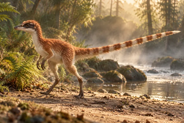 Full-body movie-style Sinosauropteryx in a dramatic prehistoric landscape; Original artwork.