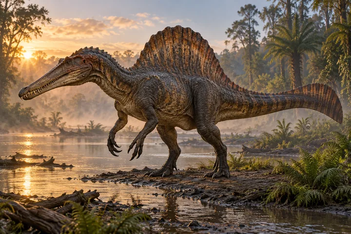 Full-body movie-style Spinosaurus in a dramatic prehistoric landscape; Original artwork.