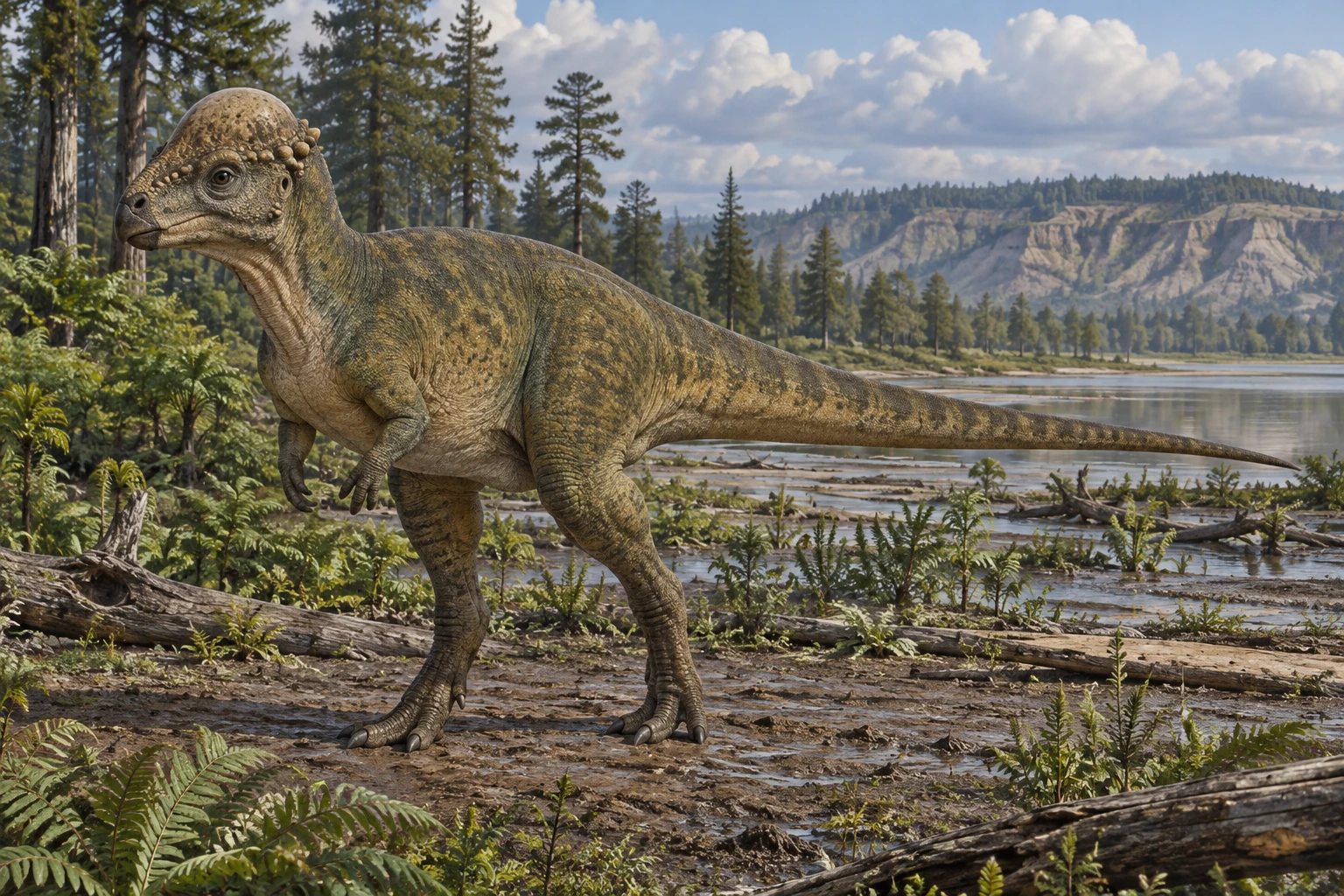 Illustrative life reconstruction of Stegoceras in a period-appropriate environment; coloration and missing anatomy are interpretations.