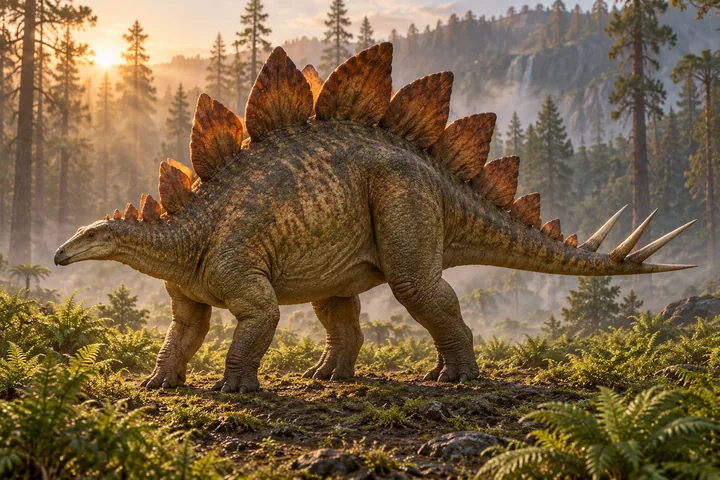 Stegosaurus in a sunlit forest, with tall orange-brown plates and four spikes at the end of its raised tail.