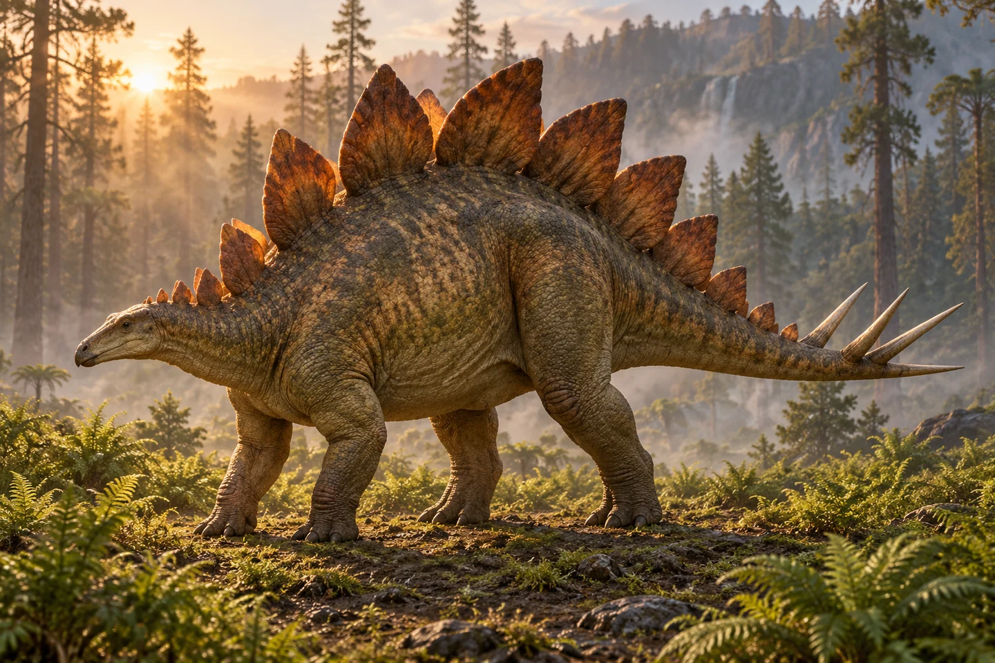 Stegosaurus in a sunlit forest, with tall orange-brown plates and four spikes at the end of its raised tail.
