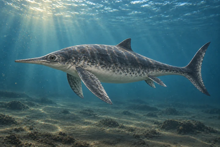 Stenopterygius quadriscissus restored in a period-appropriate marine setting; colors and missing soft tissues are interpretive.