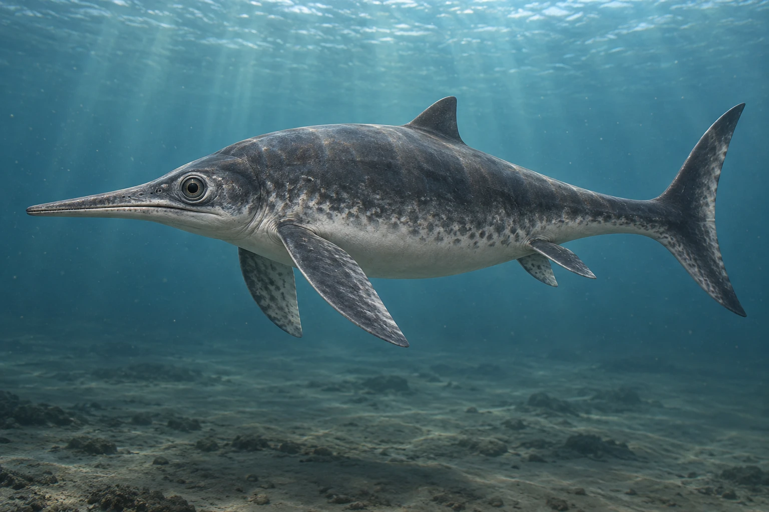 Illustrative life reconstruction of Stenopterygius in a period-appropriate environment; coloration and missing anatomy are interpretations.