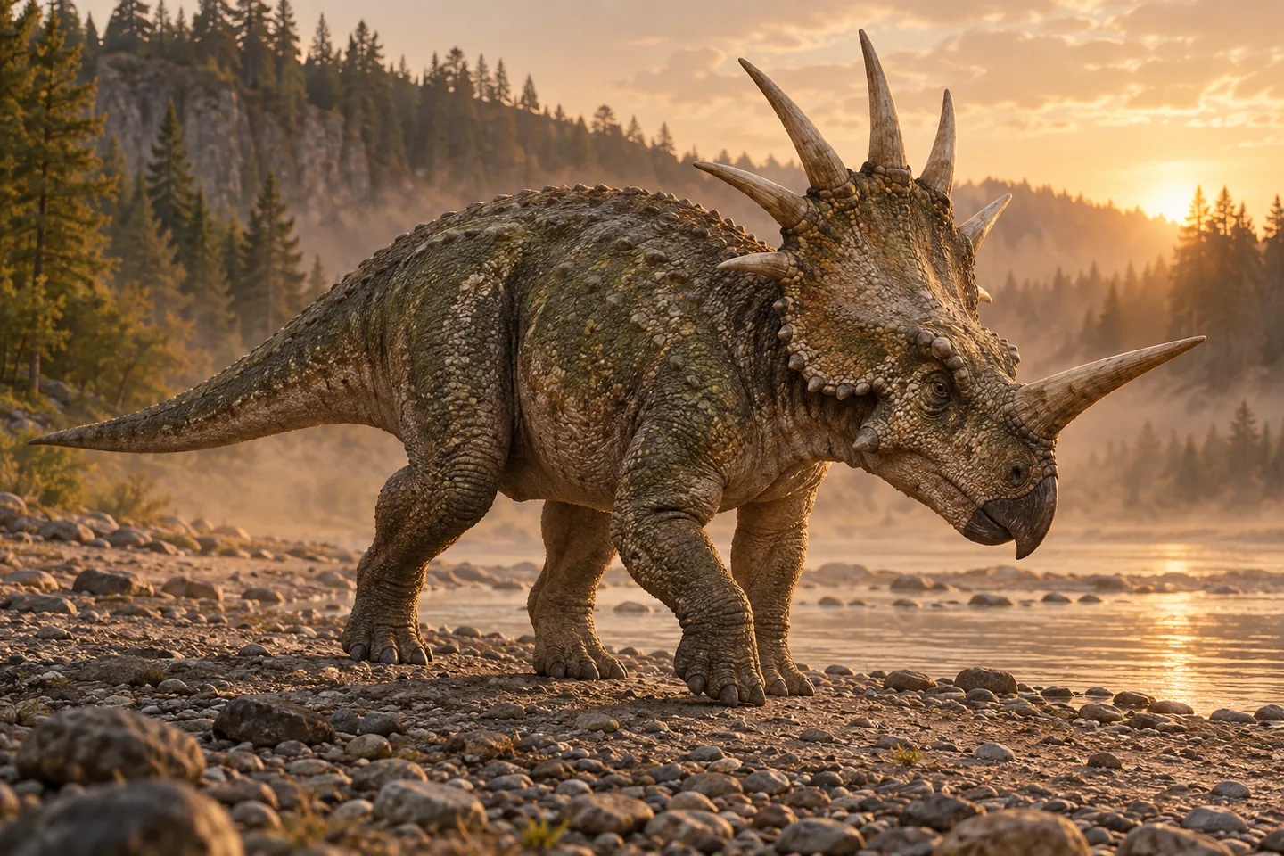 Original cinematic Styracosaurus picture: Cinematic Styracosaurus with robust quadrupedal body, a long nose horn and radiating frill spikes; imposing head held low in dusty afternoon light.