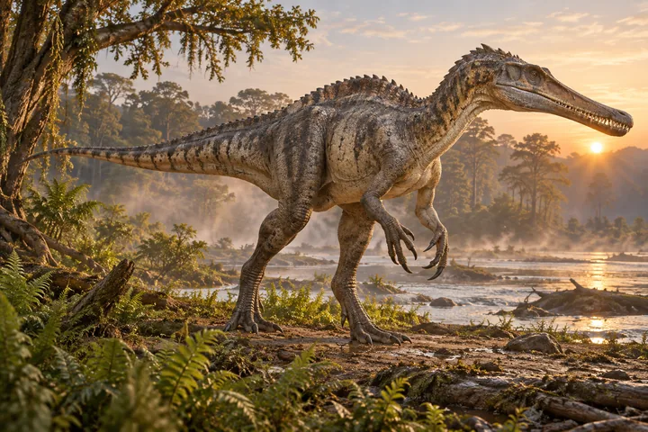 Full-body movie-style Suchomimus in a dramatic prehistoric landscape; Original artwork.