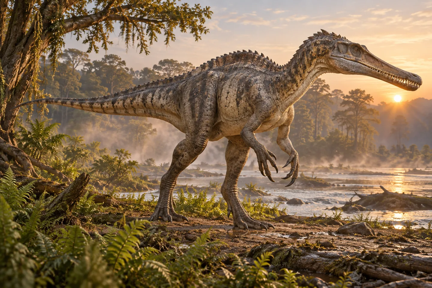 Original cinematic Suchomimus picture: Cinematic Suchomimus with a long crocodile-like head, strong grasping arms and enlarged thumb claws; a modest raised ridge crosses its hips.