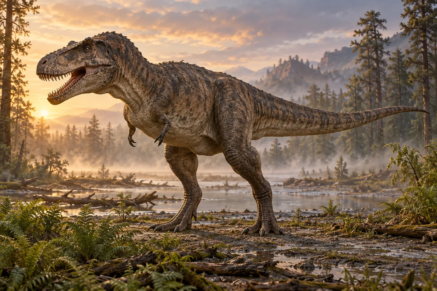 Original cinematic Tarbosaurus picture: Cinematic Tarbosaurus bataar with a long tyrannosaur head and extremely reduced forelimbs; preserve sturdy hind limbs and use artistic surface coloring.